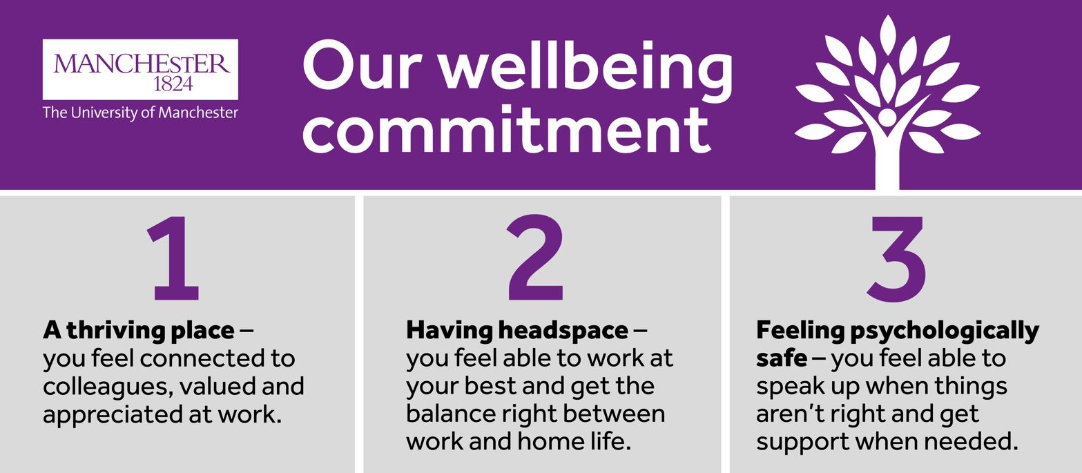 Wellbeing Commitment, detailing our three areas of focus - thriving place, headspace and psychologically safe place