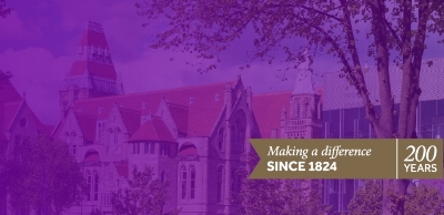 The University campus with a purple tint and a ribbon in the corner that says 'Making a difference since 1824'.