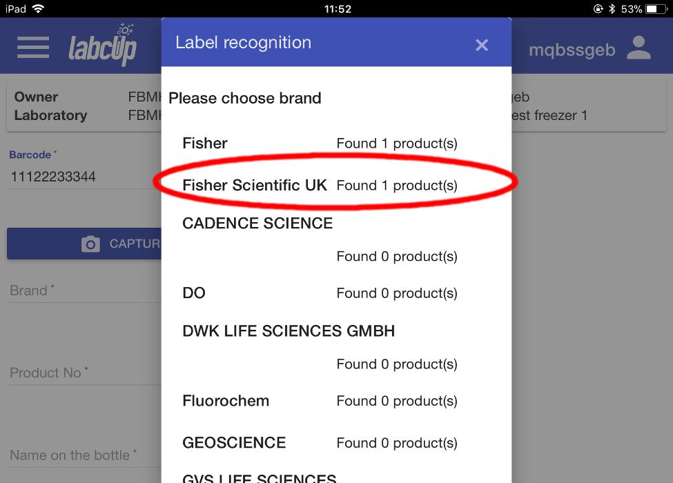 Picture 14 - label recognition will pull in information from a variety of brands - select the correct one