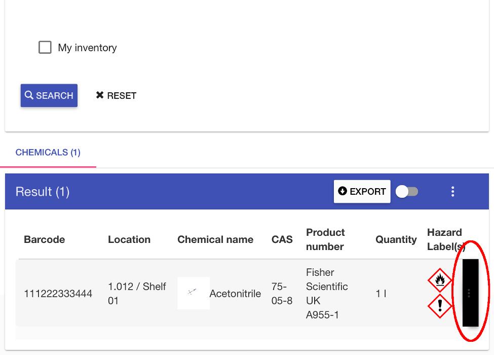 Selecting a chemical from the search results