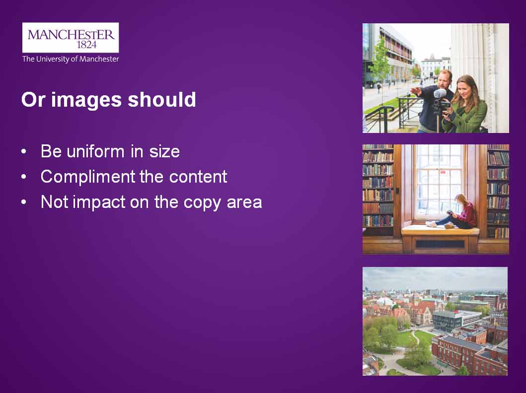 Text and image slides with a purple background