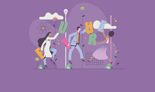 Illustrated people in a procession on a purple background.