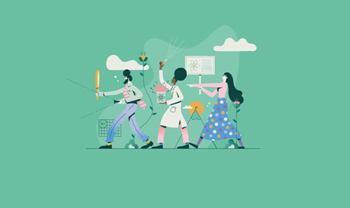 A group of illustrated people walking in procession on a teal background.