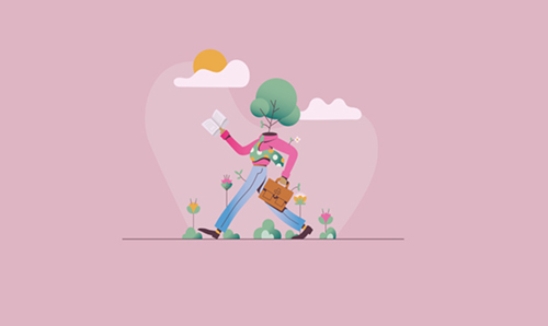 An illustrated man with a tree for a head walking on a pink background.