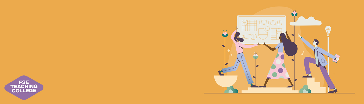 Three illustrated people walking along on a mustard background.