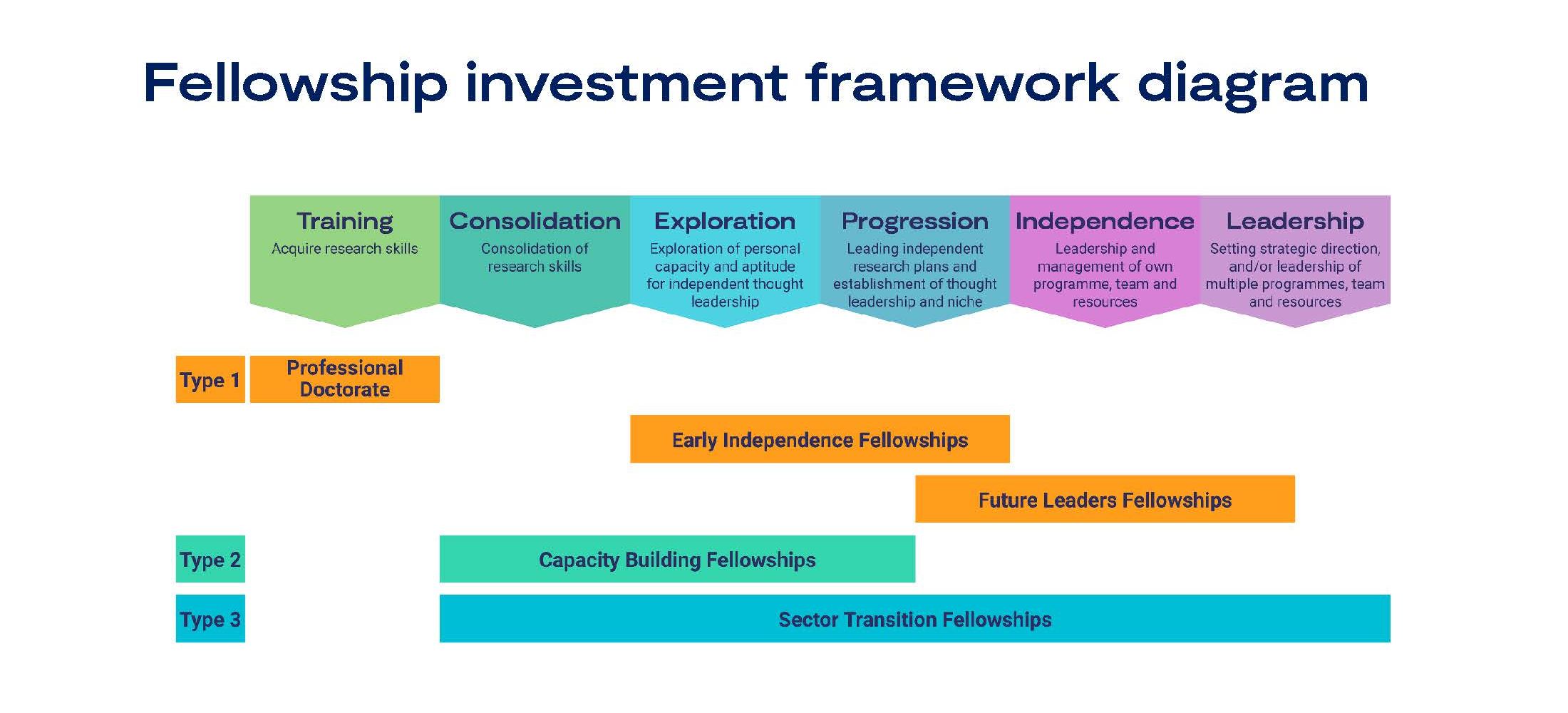 Diagram showing six career stages from Training to Leadership, with aligned fellowships Professional Doctorate, Early Independence, Future Leaders, Capacity Building, and Sector Transition.