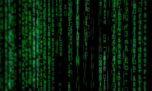 Matrix style green scrolling text on black background