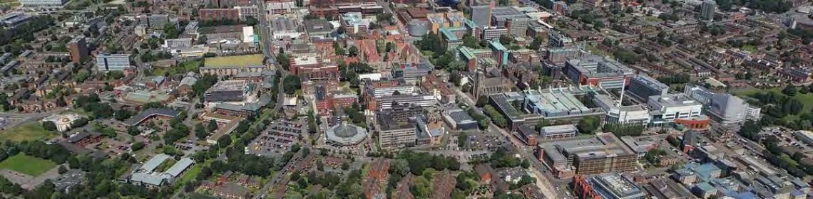 Drone shot looking over the University campus