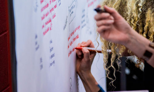 Staff writing on flip chart 