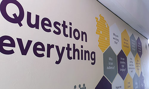 A wall of questions in the Marketing office