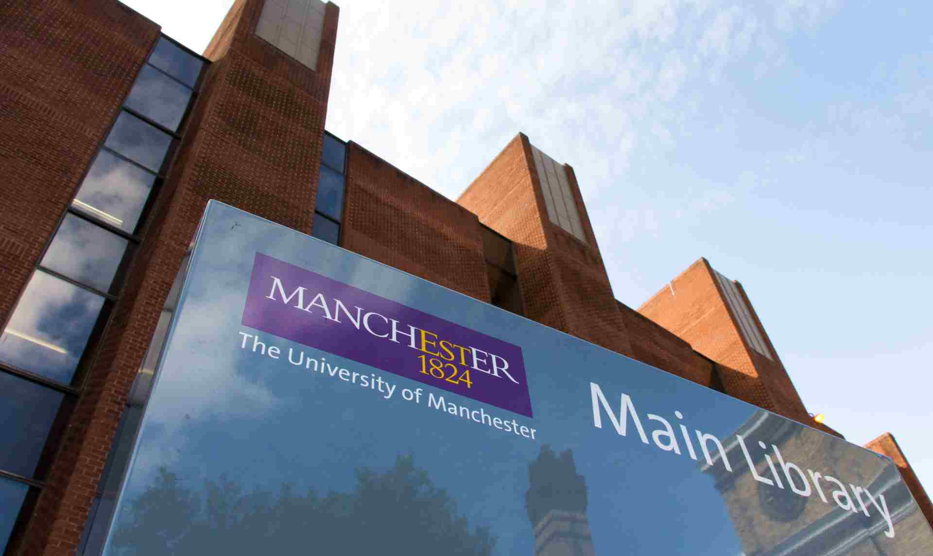 Main Library sign on side of building.