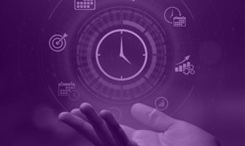 Managers essential logo. Multiple icons on purple background.