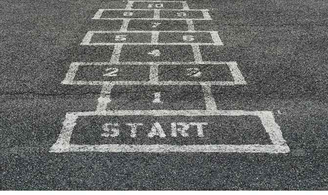 Hopscoth course drawn in chalk on concrete floor.