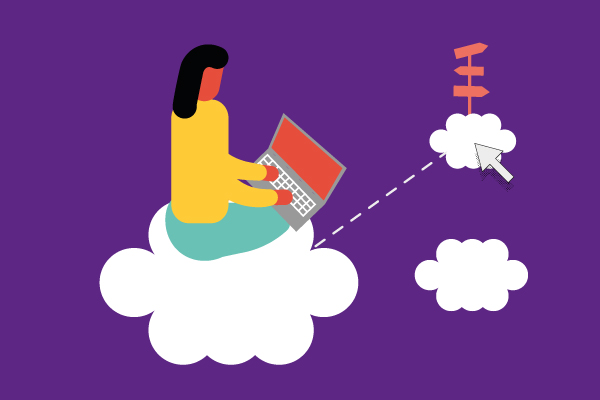 A cartoon person sitting on a cloud, using a laptop