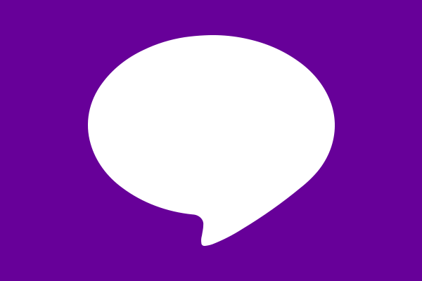 A white speech bubble on a purple background
