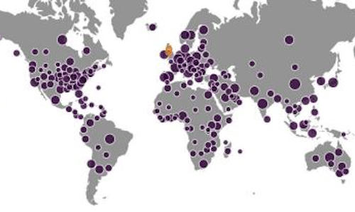World map with dots showing collaborations
