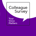 Text in a speech bubble which says 'colleague survey'