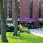 Image of the main library sign and building