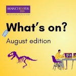 Yellow background with text reading Whats ON? with cartoon image of dinosaur and person at desk