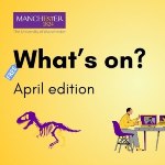 Yellow background with purple dinosaur and image of cartoon at desk