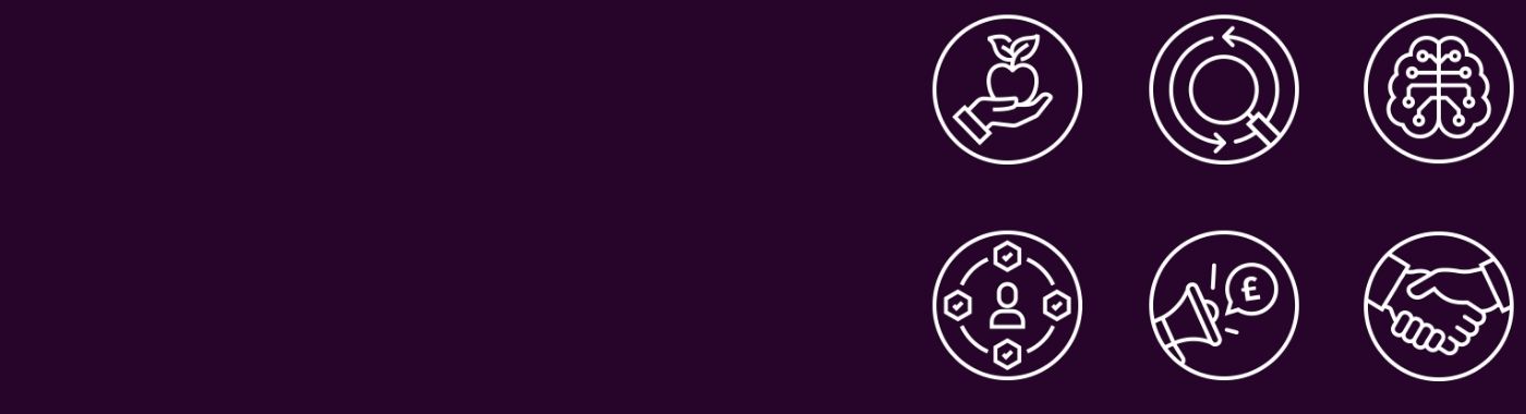 Purple background with icons depicting research and innovation.