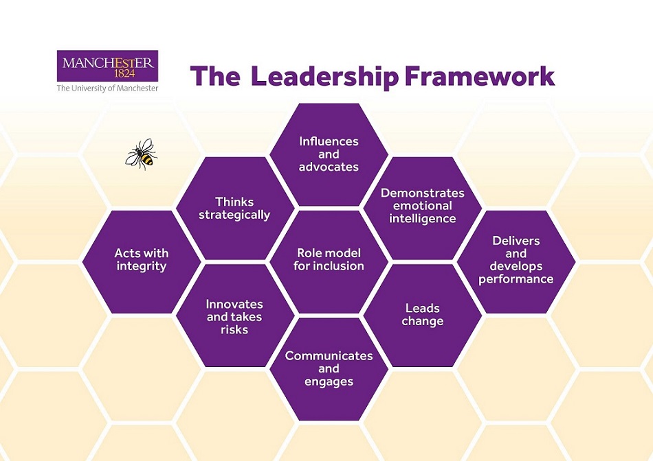 Visual representation of the Leadership Framework, represented by each element of the framework in a honeycomb image. 