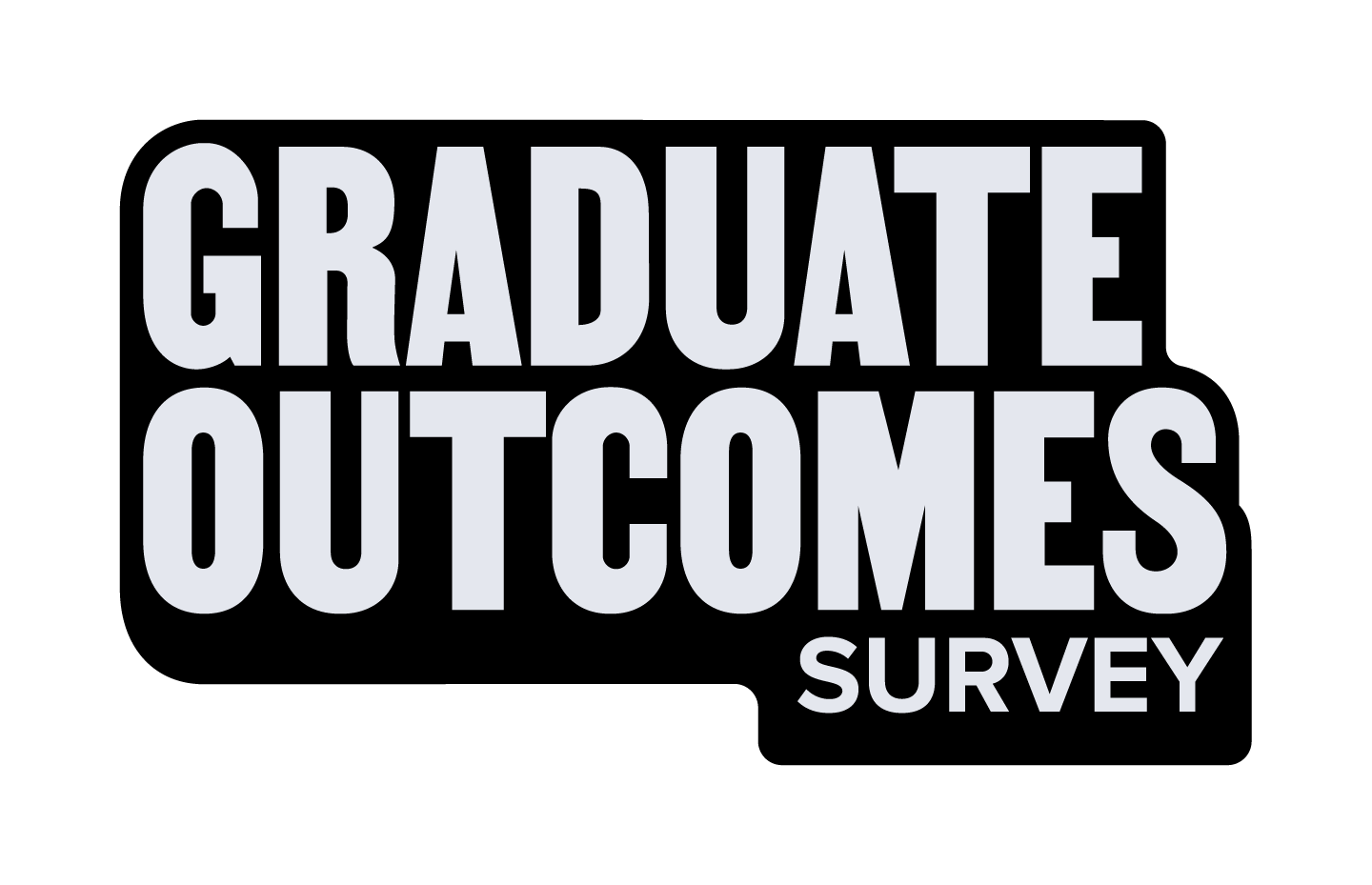 The official logo for the Graduate Outcomes survey, featuring 'Graduate Outcomes' in large grey writing, and 'survey' in smaller grey writing. The text is encompassed by a black backdrop. 