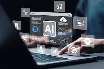 A computer generated image showing a user at a computer with an AI screen superimposed at the forefront