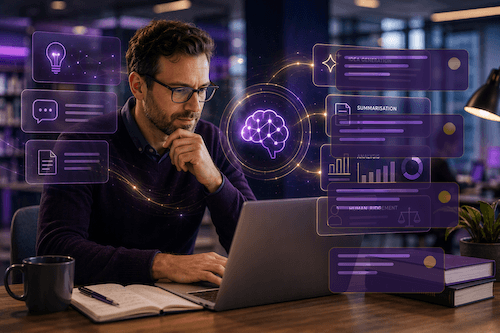 Colleague using AI-supported digital tools to generate ideas, analyse information and support professional judgement.