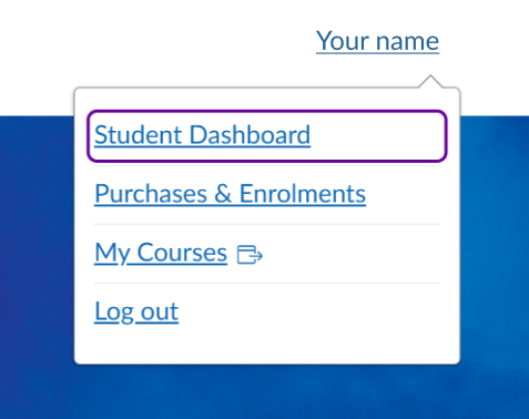 Dropdown menu showing the link to the Student Dashboard in MyDevelopment. Accessible by clicking the user's name in the top-right corner.