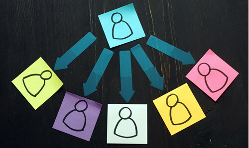 A diagram of 5 arrows pointing from one person to 5 other people.