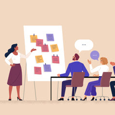 Illustration of a woman presenting to people sat down using a white board and post-it notes.