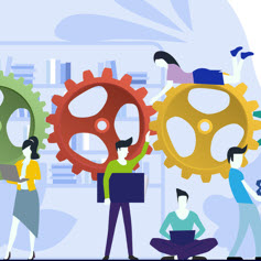 Illustration of 5 people working around 3 different coloured cogs.