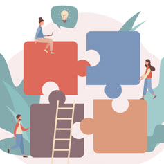 Illustration of 3 people working together to connect four jigsaw pieces