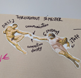 Collage illustration showing student and staff figures reaching toward each other, connected by continuous communication and clarity.